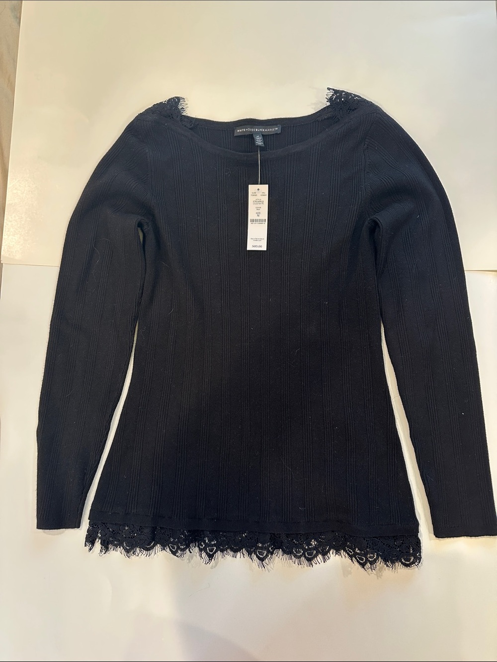 White House Black Market long sleeved ribbed top, lace T neckline and bottom, M.